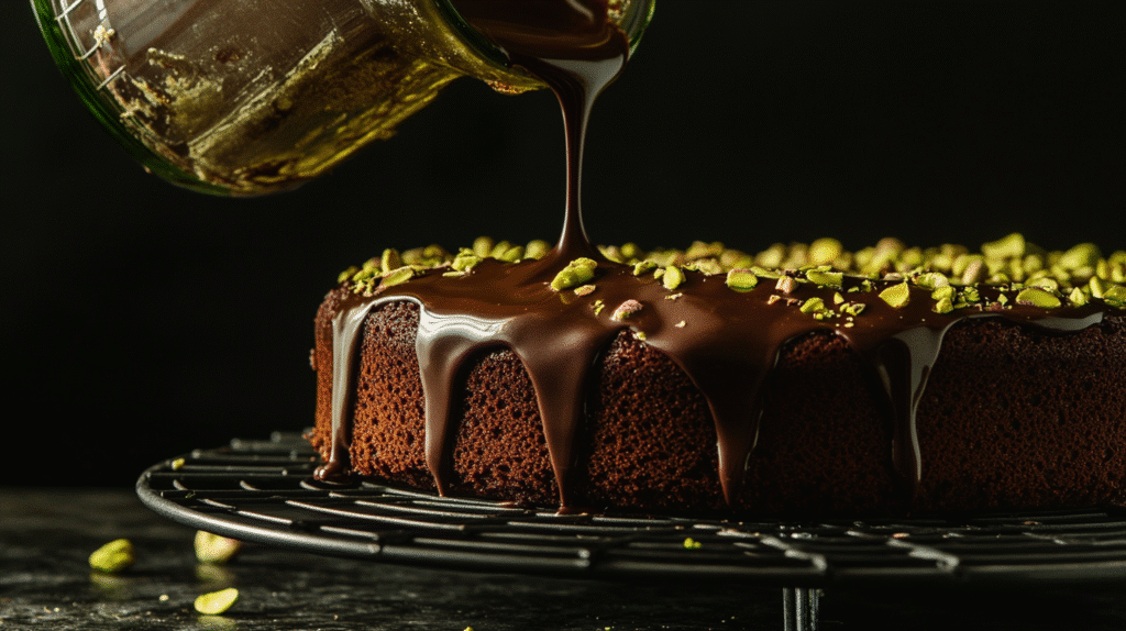 Gluten-Free Pistachio Cake with Ganache: A Unique, Flavor-Packed Dessert 5 pouring ganache on gluten-free pistachio cake